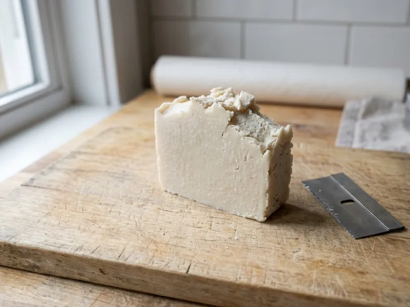 A textured bar of handmade soap rests beside a metal scraper on a wooden cutting board.