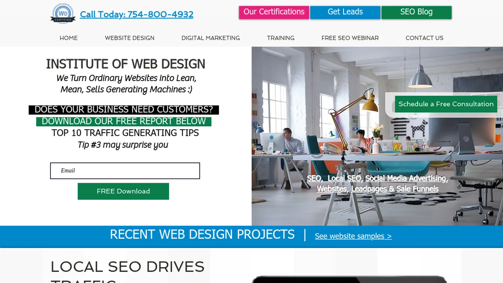 Screenshot of the Institute of Web Design homepage