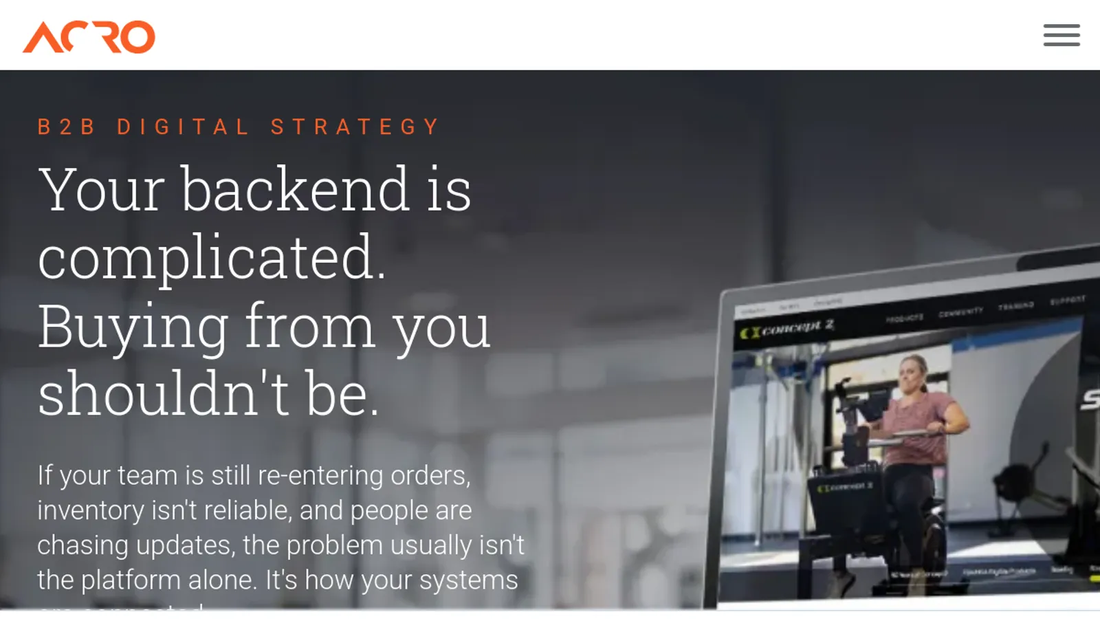 Screenshot of the Acro Commerce homepage