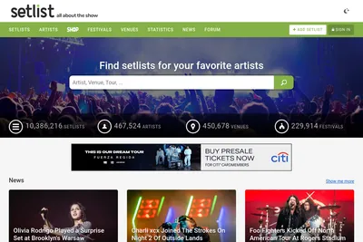 Screenshot of the Setlist.fm homepage