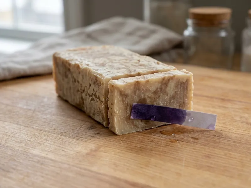 A purple pH test strip inserted into a cut block of handmade soap on a wooden board.