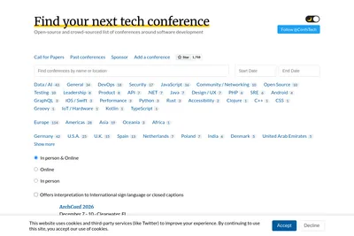 Screenshot of the Confs.tech homepage