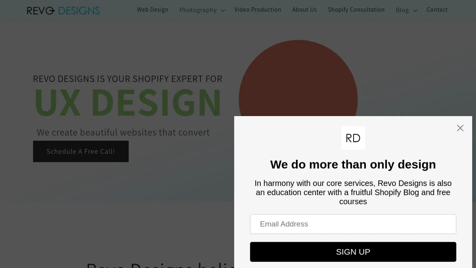 Screenshot of the REVO Designs homepage