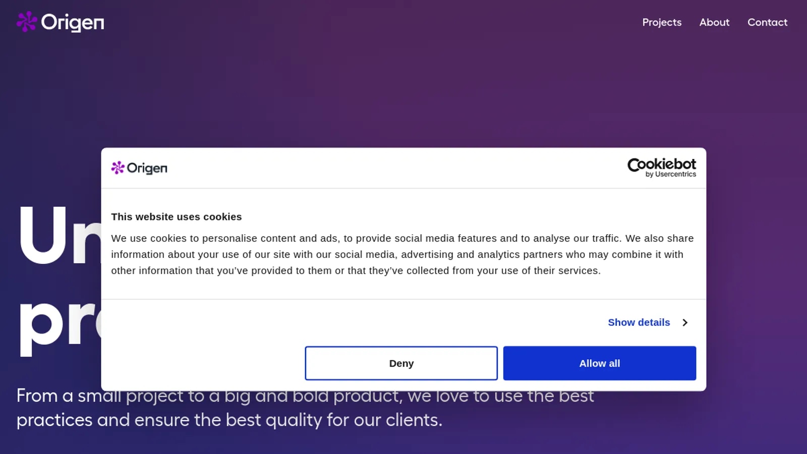 Screenshot of the Origen homepage