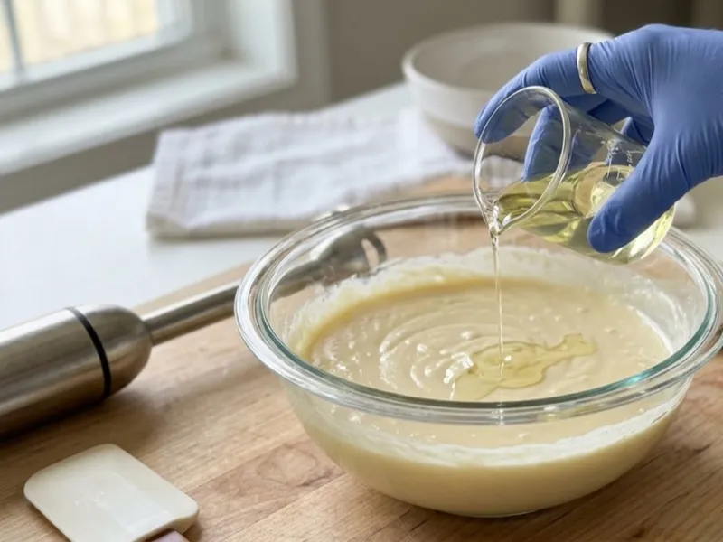 A gloved hand pours oil from a small beaker into a bowl of soap batter.