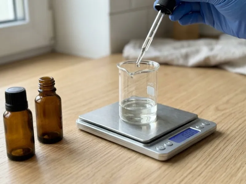 A gloved hand drops liquid into a beaker on a digital scale beside amber glass bottles.