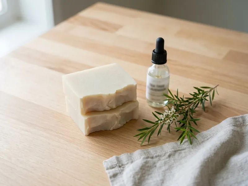 Two stacked bars of handmade white soap beside an essential oil dropper bottle and tea tree sprig.
