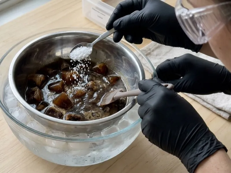 A person wearing black gloves spoons lye pellets into frozen liquid cubes in an ice bath.