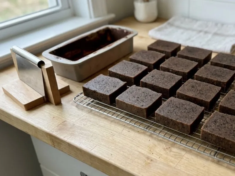 Freshly sliced dark brown handmade soap bars drying on a wire rack on a wooden countertop.