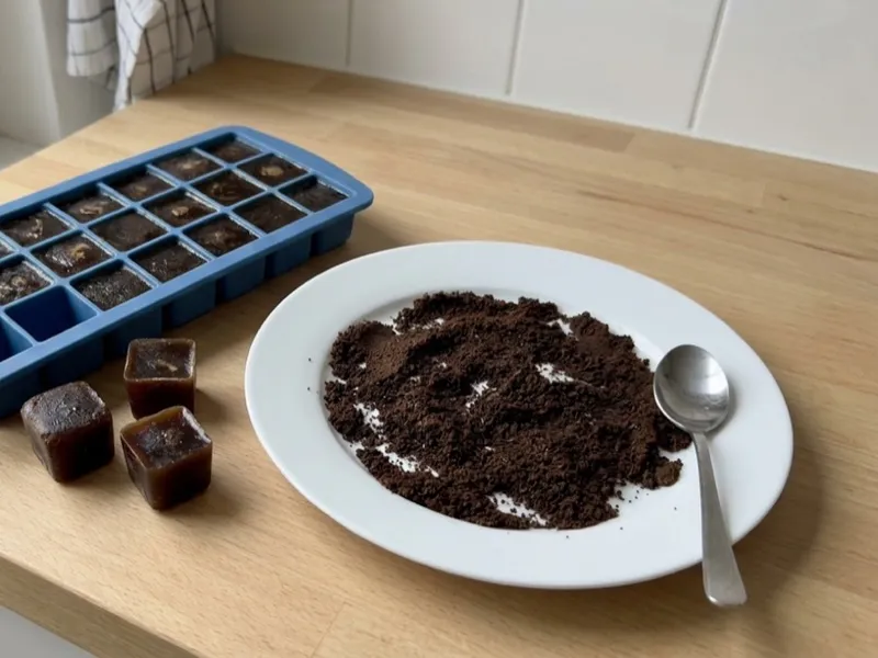 Frozen coffee cubes in a blue silicone tray beside a plate of coffee grounds and a spoon.
