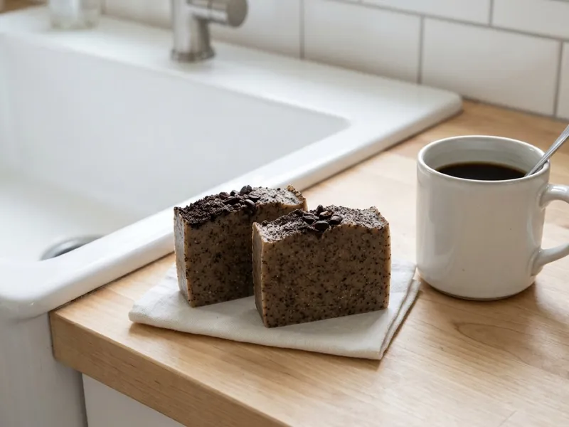 Two handmade coffee soap bars sit on a cloth napkin beside a mug of black coffee.