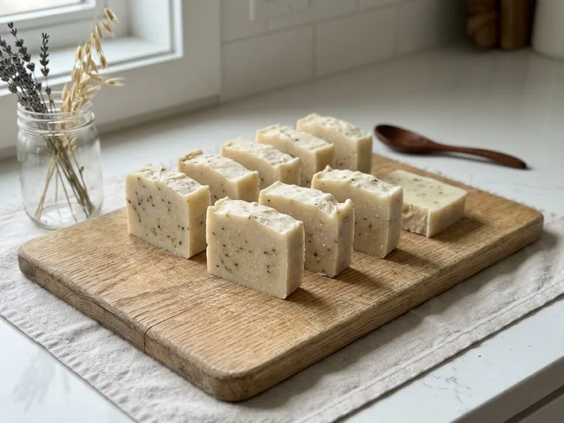 Handmade herbal soap bars arranged on a wooden cutting board next to dried lavender and oats.