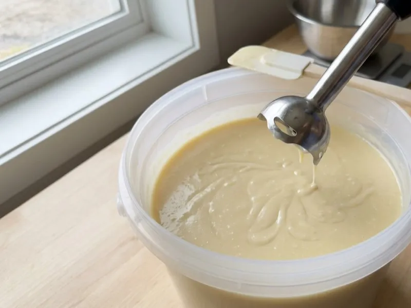 Thick, creamy soap batter drips from an immersion blender lifted above a large plastic bucket.