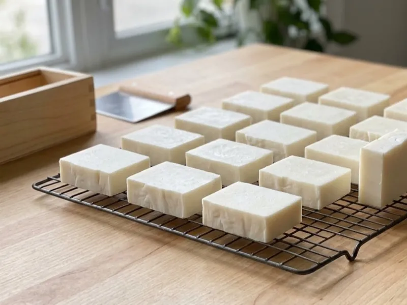 Bars of white handmade soap curing on a wire cooling rack on a wooden table.