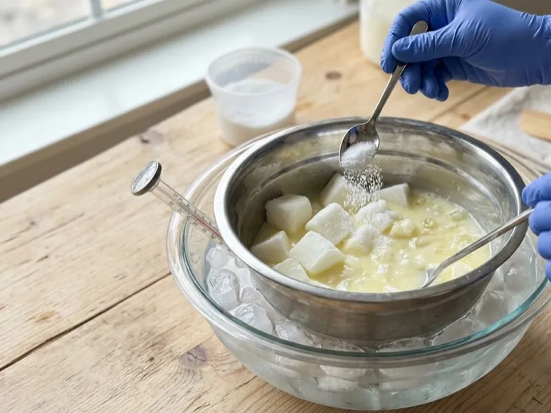 Gloved hands spoon lye crystals into frozen milk cubes resting in an ice water bath.