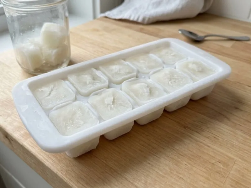 Frozen milk cubes fill a white ice cube tray on a wooden counter beside a glass jar.