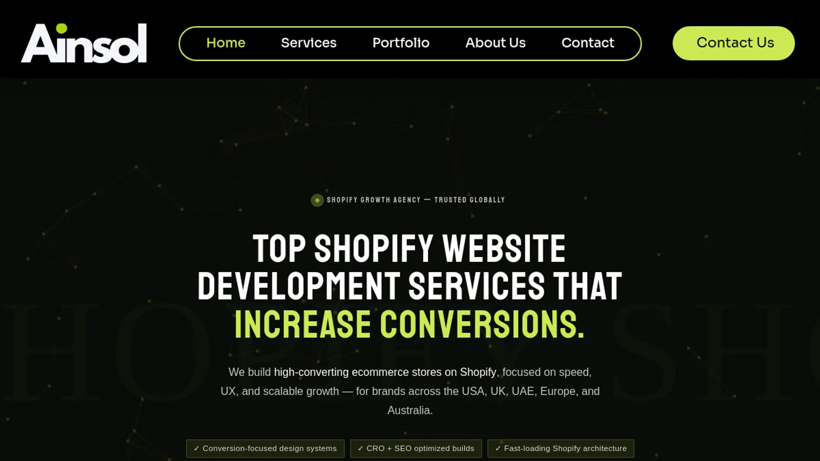 Screenshot of the Ainsol homepage