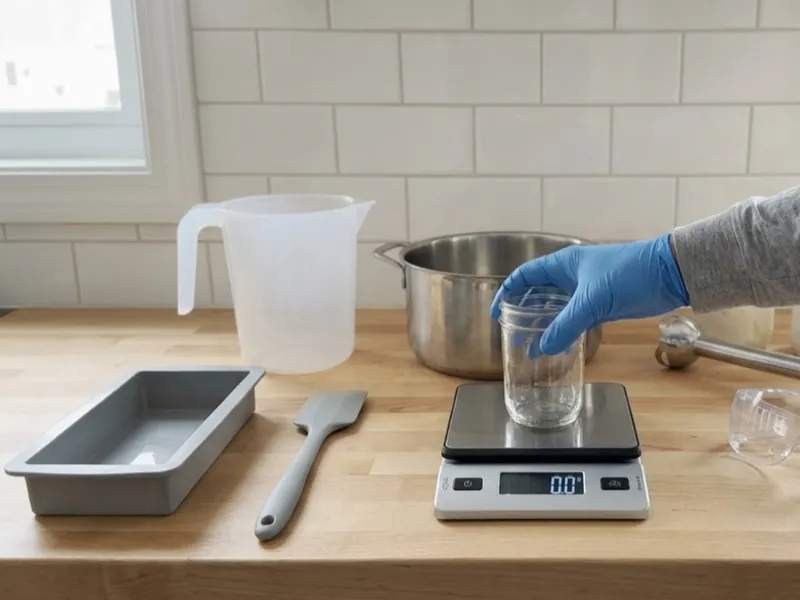 A gloved hand places a glass jar on a digital scale surrounded by soap-making equipment.