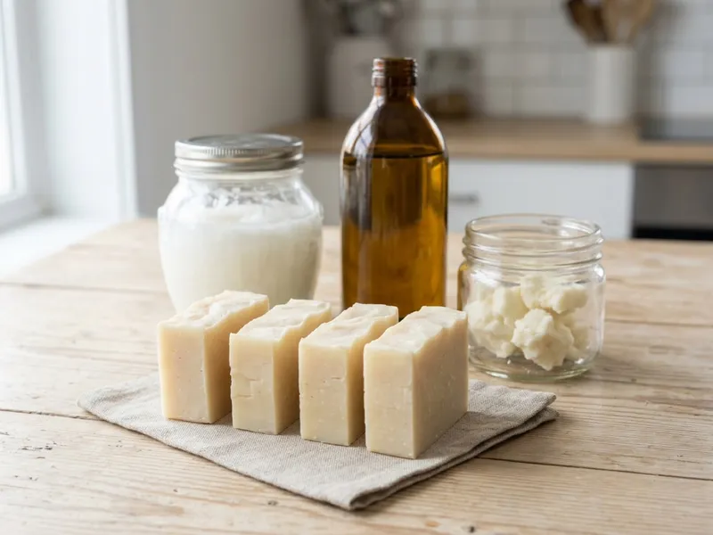 Four bars of handmade soap sit on a cloth beside glass containers of oils and butters.