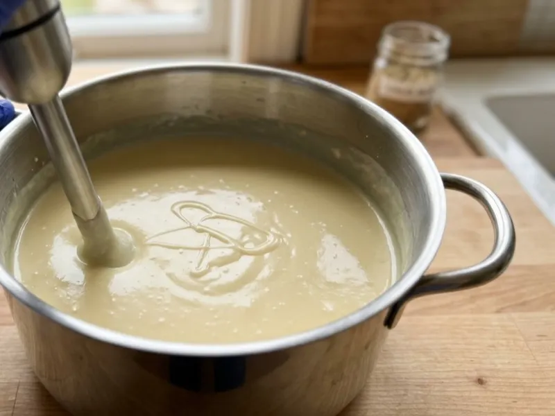 A gloved hand uses an immersion blender to mix creamy soap batter inside a stainless steel pot.