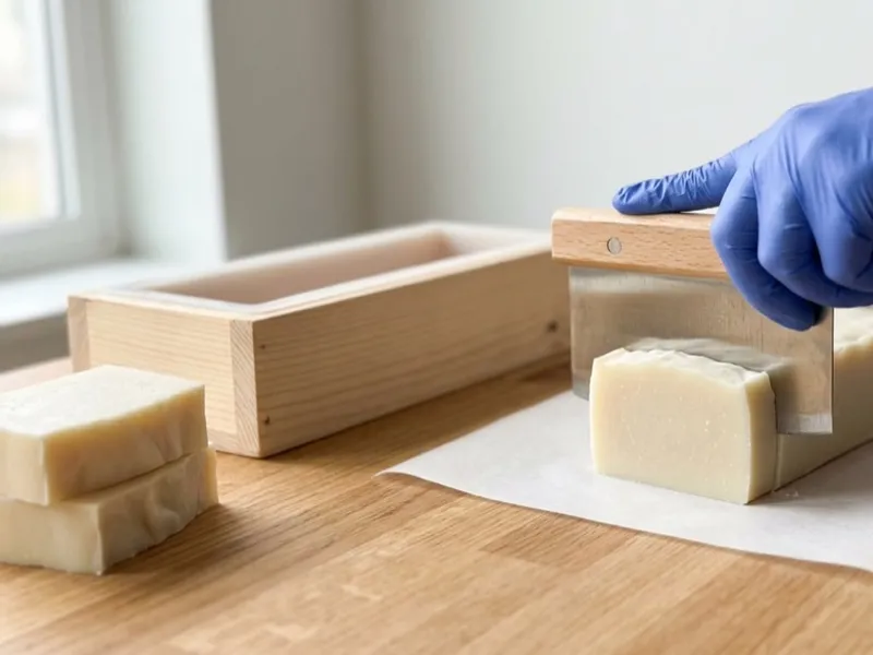 Gloved hands slicing a loaf of handmade soap into bars using a metal soap cutter.