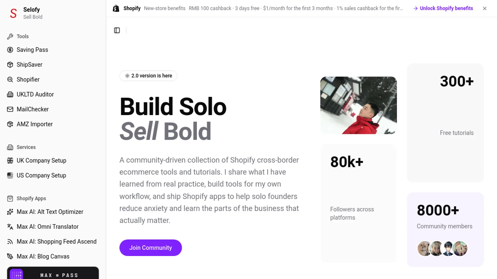 Screenshot of the Selofy homepage