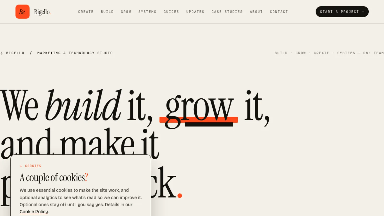 Screenshot of the Bigello homepage