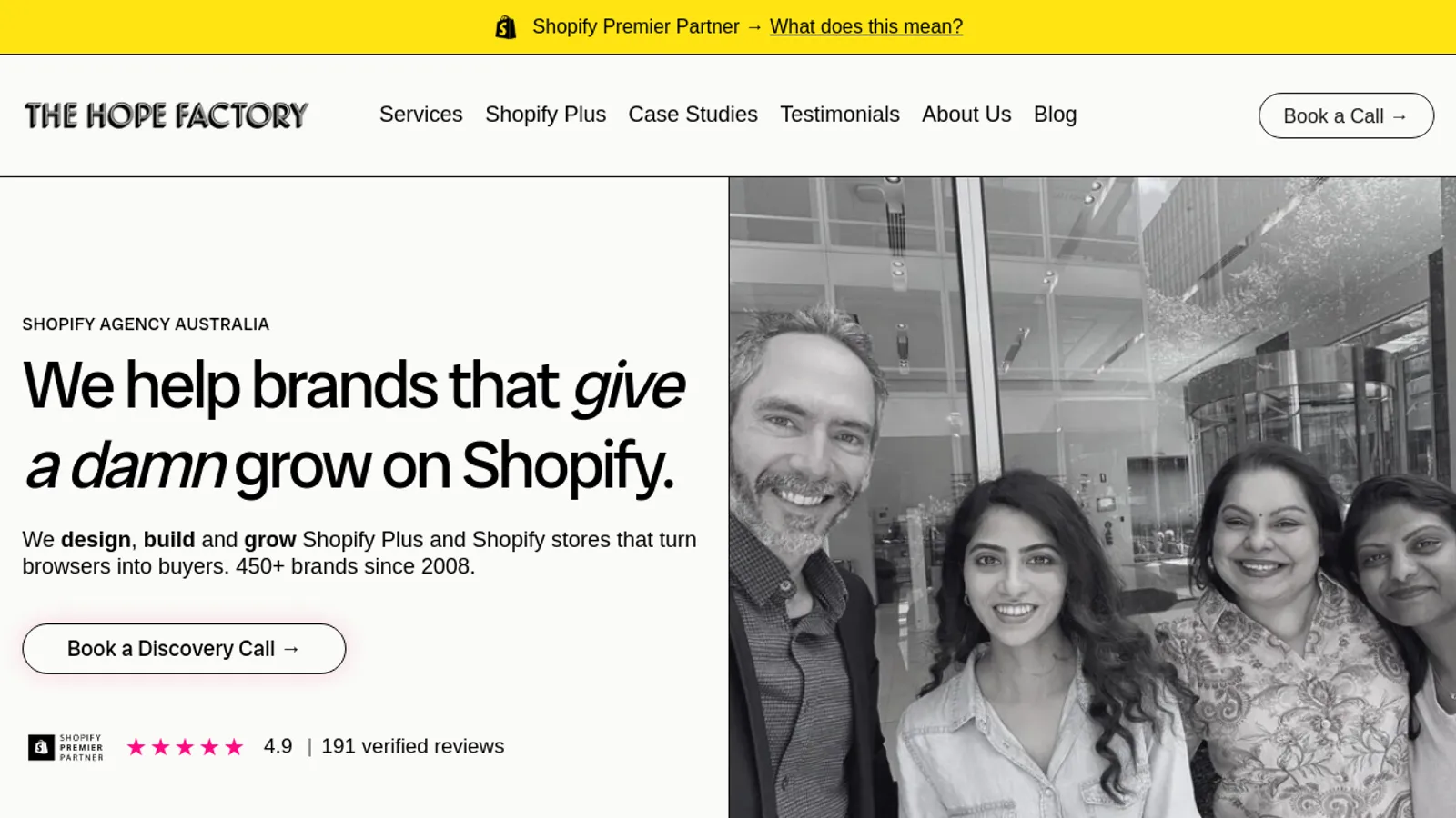 Screenshot of the The Hope Factory homepage