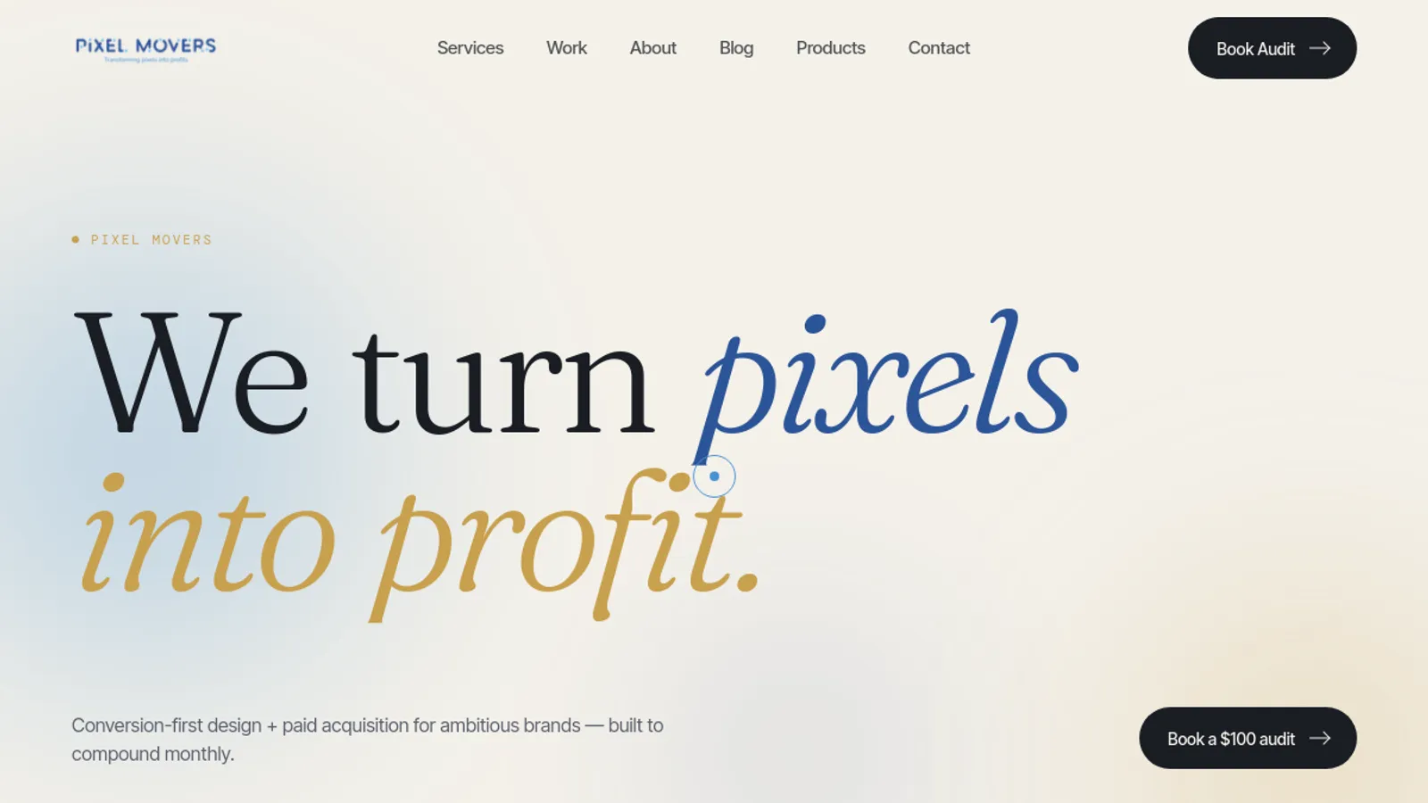 Screenshot of the Pixel Movers homepage