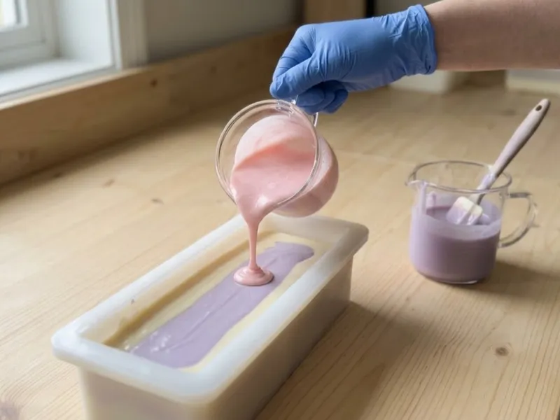 A gloved hand pours pink soap batter into a silicone loaf mold over purple and cream layers.