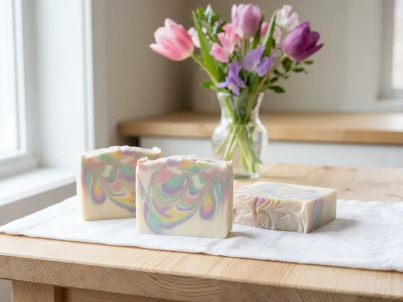 Three pastel-swirled handmade soap bars rest on a wooden table beside a vase of spring flowers.