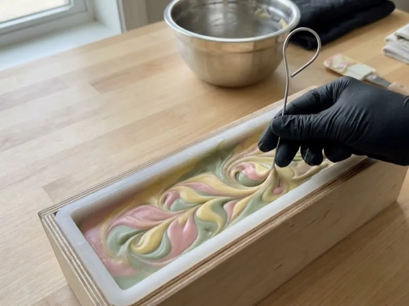 A gloved hand uses a wire tool to swirl pastel-colored soap batter inside a loaf mold.