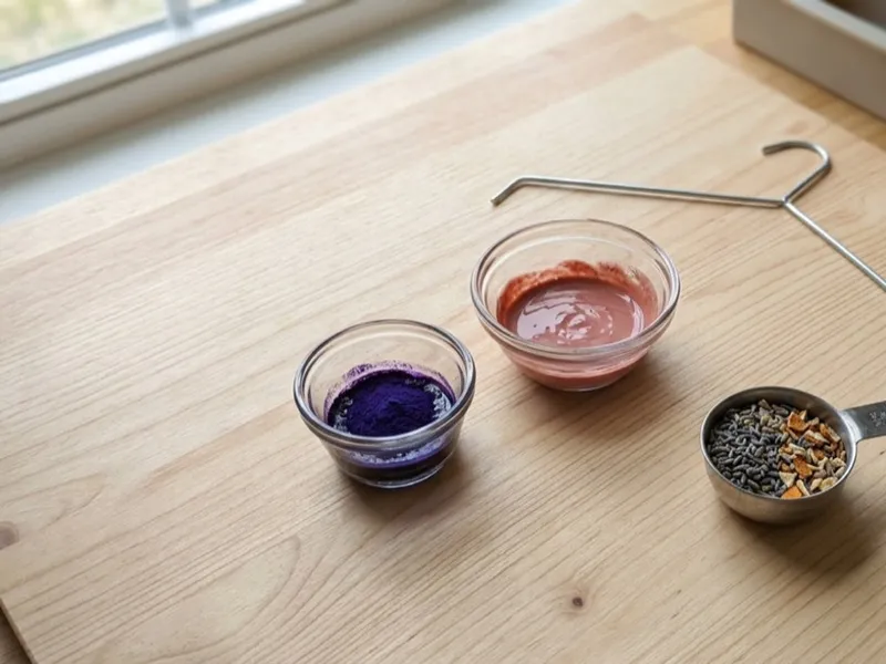 Bowls of purple and pink soap colorants sit beside dried botanicals and a wire swirl tool.
