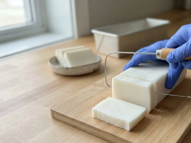 Gloved hands slice a white loaf of soap into bars using a wire cutter.