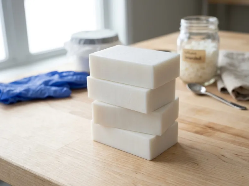 A stack of four plain white soap bars on a wooden countertop near soap-making supplies.