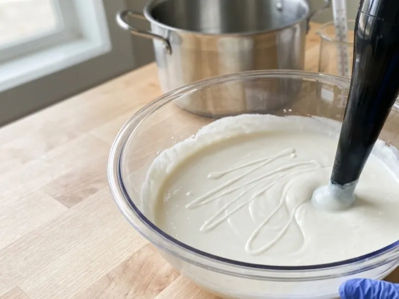 A black immersion blender mixes creamy white soap batter reaching trace inside a clear glass bowl.
