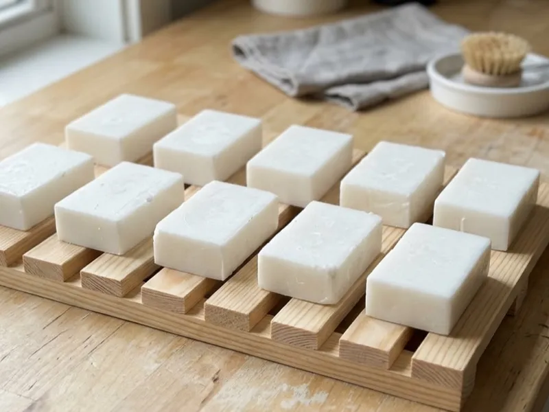 White bars of handmade soap curing on a slatted wooden drying rack on a countertop.