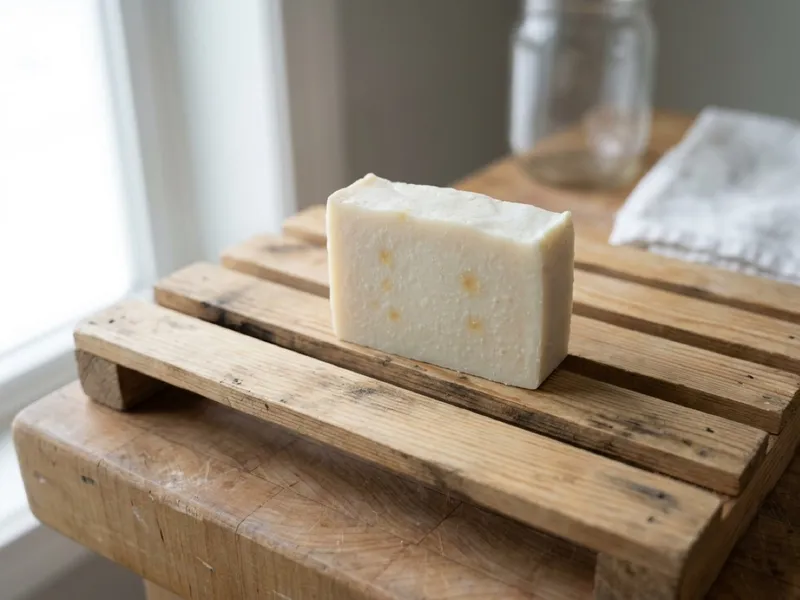 A bar of handmade white soap rests on a slatted wooden drying rack on a rustic table.