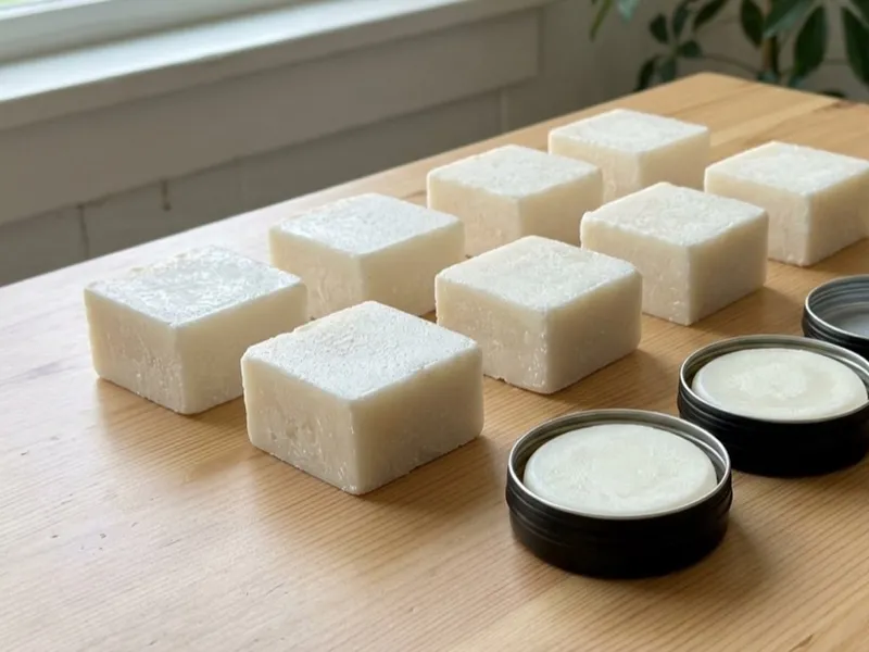 White square soap bars and round soaps in small black tins sit on a wooden table.