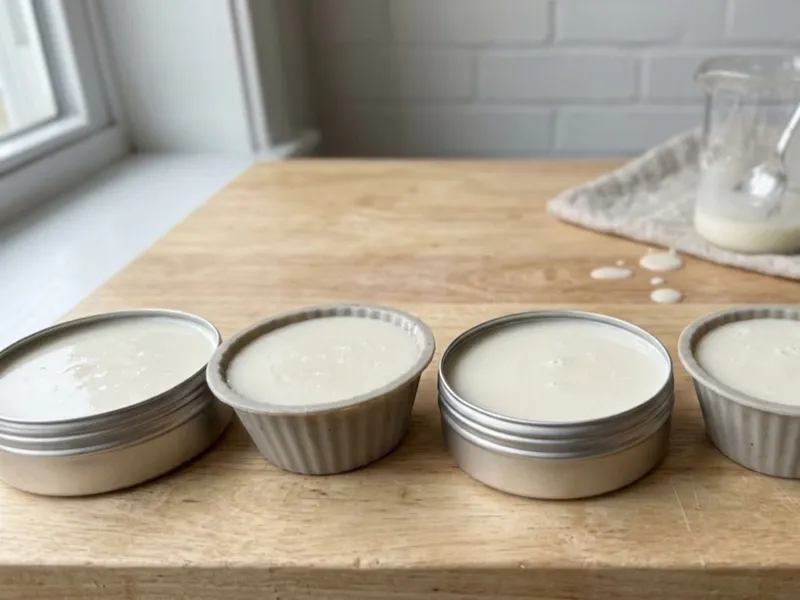 Metal tins and silicone molds filled with freshly poured white soap sit on a wooden table.