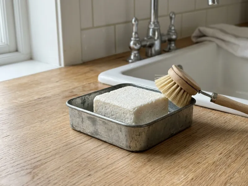 A white soap block sits in a metal dish beside a wooden brush near a kitchen sink.