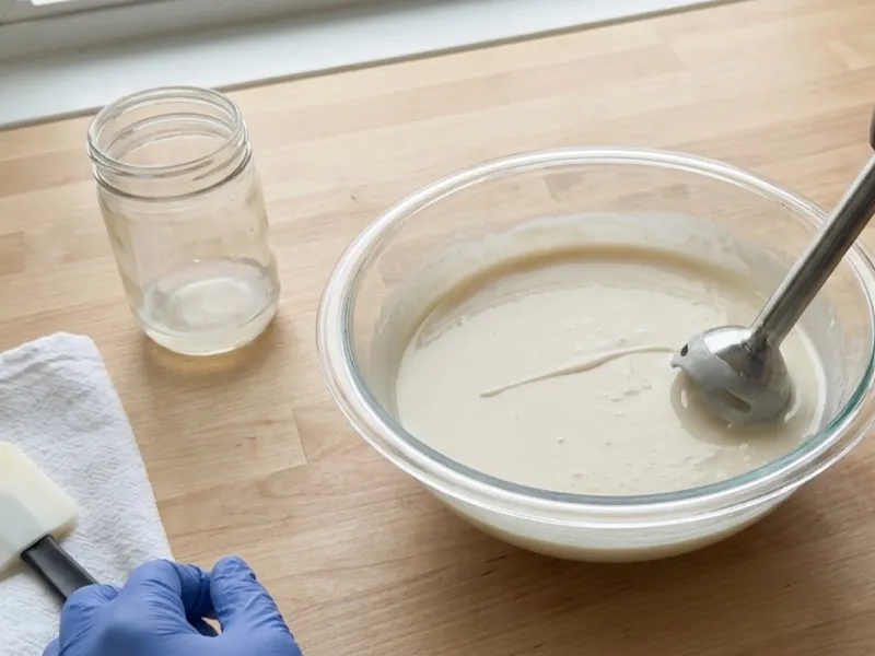A gloved person blends creamy soap batter in a glass bowl using an immersion blender.