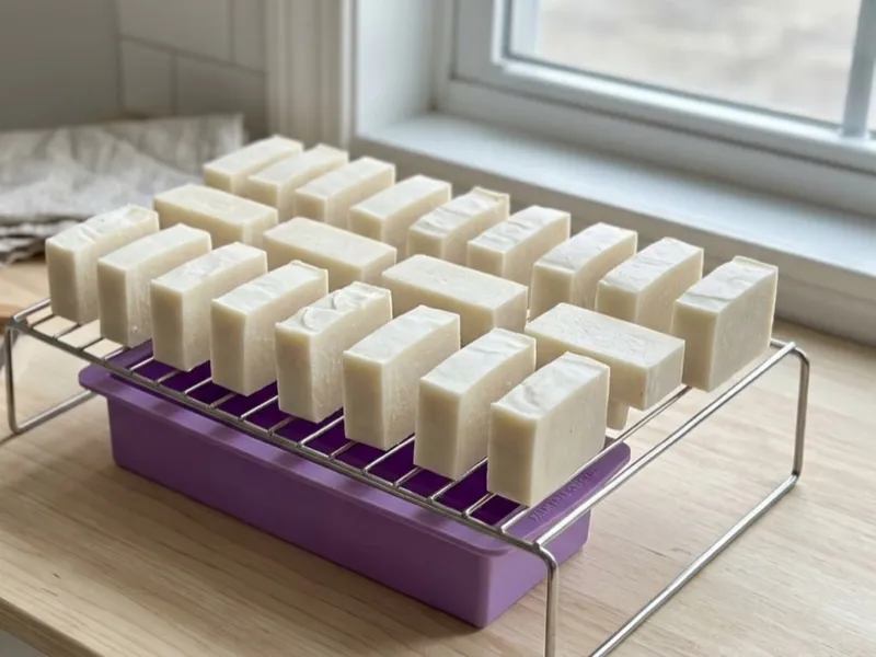 White handmade soap bars cure on a wire drying rack over a purple silicone mold.