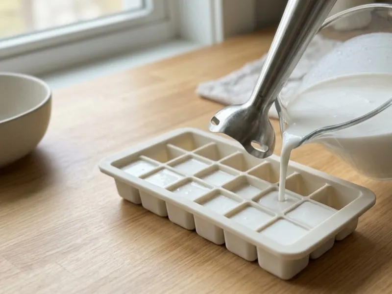 White liquid being poured from a glass pitcher into an ice cube tray beside an immersion blender.