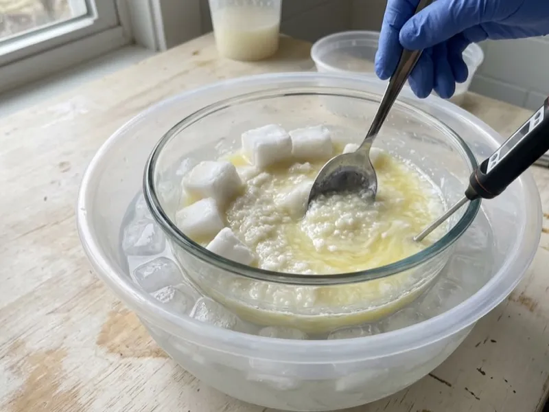 A gloved hand stirs frozen milk cubes dissolving in a lye solution cooled by an ice bath.