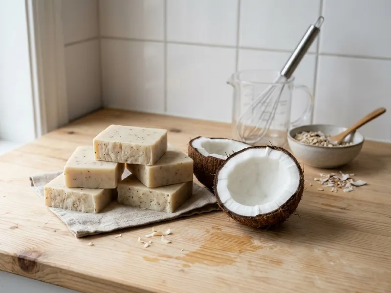 Stacked handmade soap bars beside fresh coconut halves, oats, and a whisk on a wooden countertop.