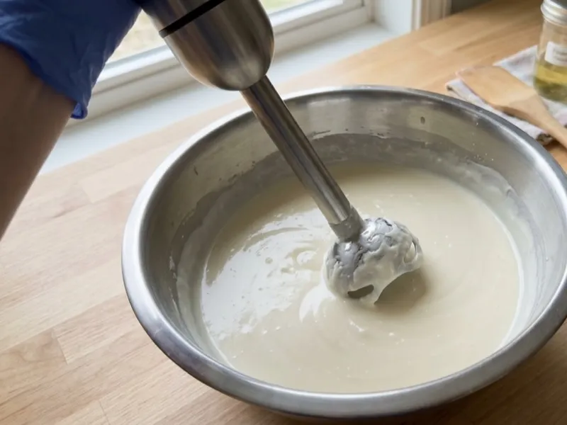 A gloved hand mixes creamy soap batter in a stainless steel bowl using an immersion blender.