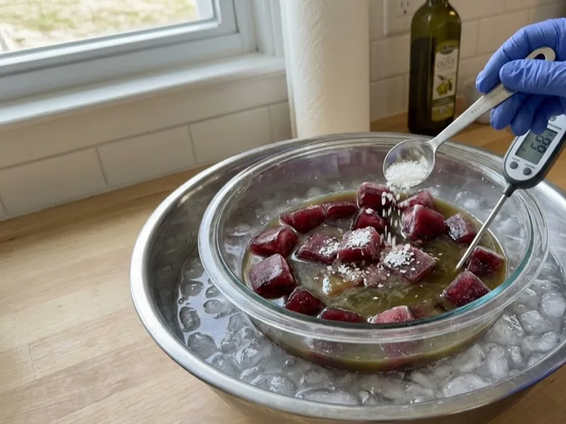 Gloved hands spoon lye crystals into frozen cubes in a glass bowl resting in an ice bath.