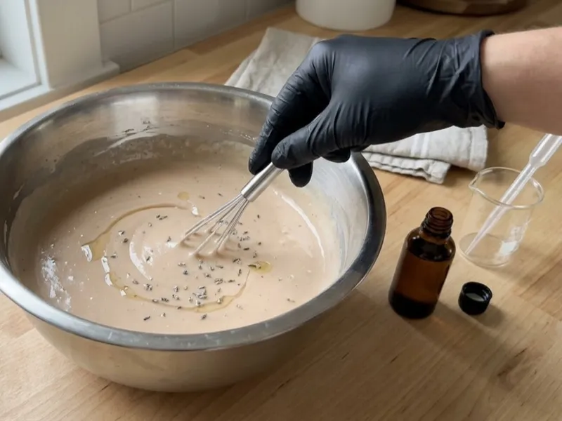 A gloved hand whisks essential oils and dried lavender into soap batter in a stainless steel bowl.