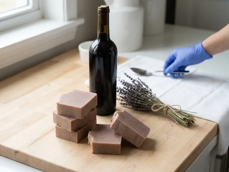 Handmade soap bars stacked on a wooden board beside a wine bottle and dried lavender.